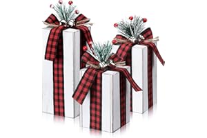 Amyhill 3 Pcs Christmas Wooden Gifts Box Decor Christmas Plaid Presents Table Centerpieces Rustic Wooden Gifts Tiered Tray Decor with Buffalo Plaid Bowknot for Xmas Party(Red,Classic)