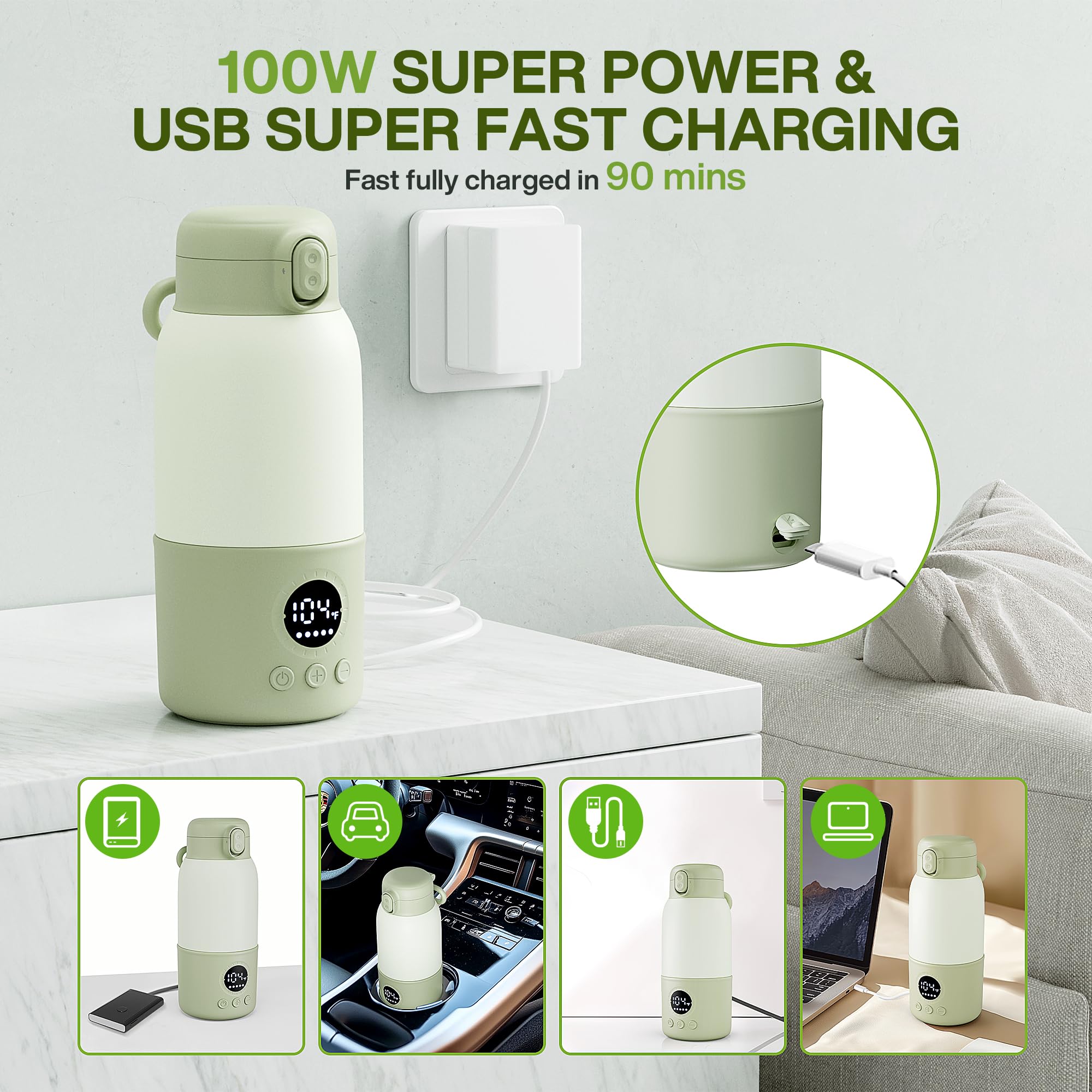 Portable Bottle Warmer for Travel, 2-Min Fast Heating Baby Bottle Warmer,12.8oz Formula Container to Go for Breastmilk, Formula Dispenser with Long-Lasting Keep Warm Function