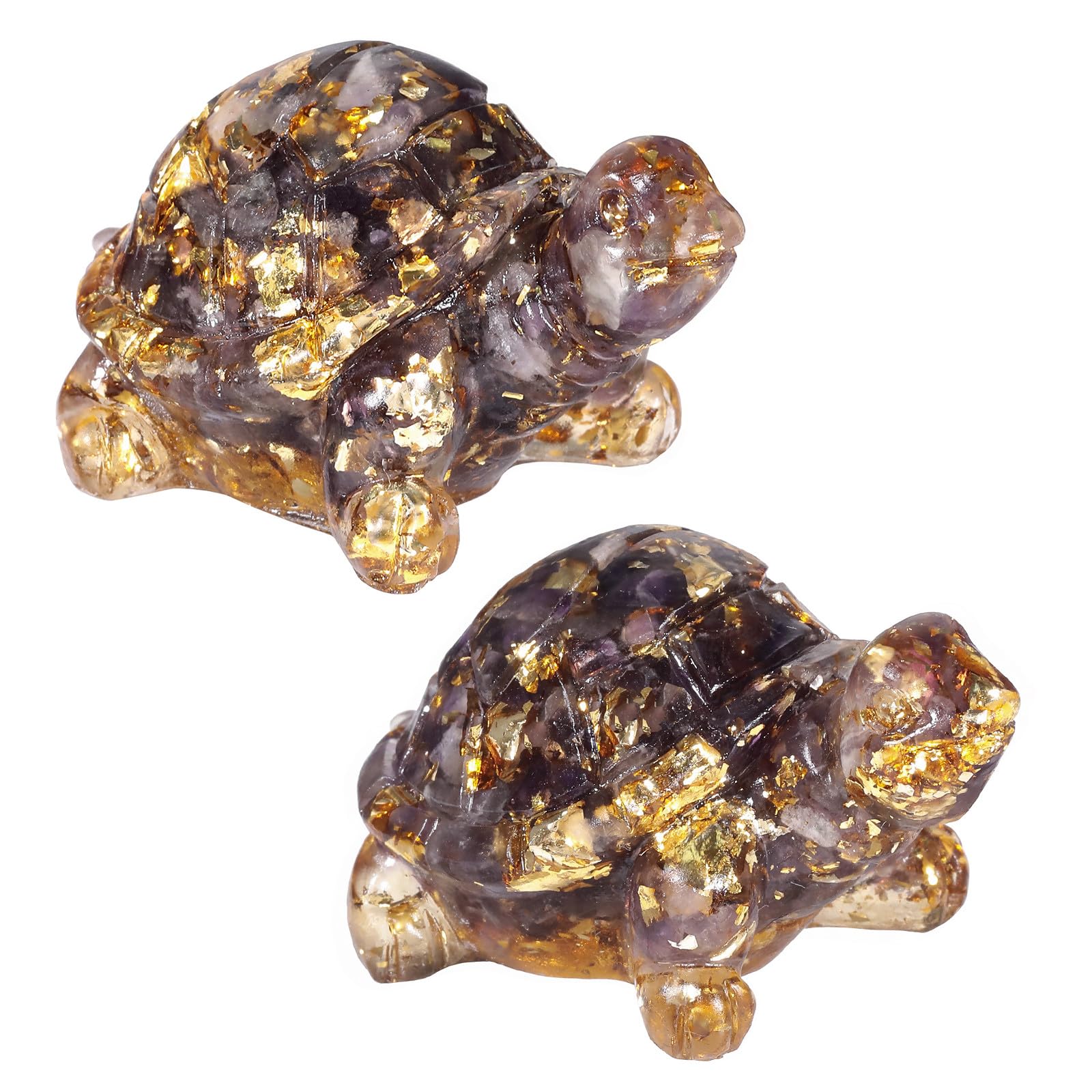 Nupuyai 2pcs Amethyst Crystal Stone Animal Turtle Statue Set, Healing Stone Figurine Resin Feng Shui Sculpture Ornament for Good Luck Wealth Home Office Decor
