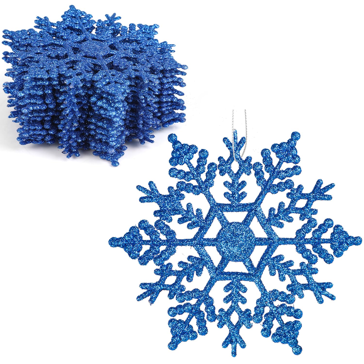 VEYLIN Christmas Hanging Decorations - 12PCS Blue Glitter Snowflake Ornaments for Trees (Dark Blue)