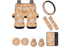 FUIBENG 12 Piece Hippie Car Accessories Set Retro 70S Flower Auto Seat Covers Full Set 15Inch Steering Wheel Cover Seat Belt Cover Center Console Armrest Pad Keyring Cup Holder Pad for Vehicels