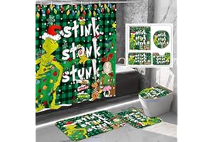MICEAN 4 Pcs Christmas Bathroom Set, Shower Curtain, Non-Slip Rugs, Toilet Lid Cover and Bath Mat - 72 X 72 Inches with Hooks - Holiday Decor (Styled) (Style1)