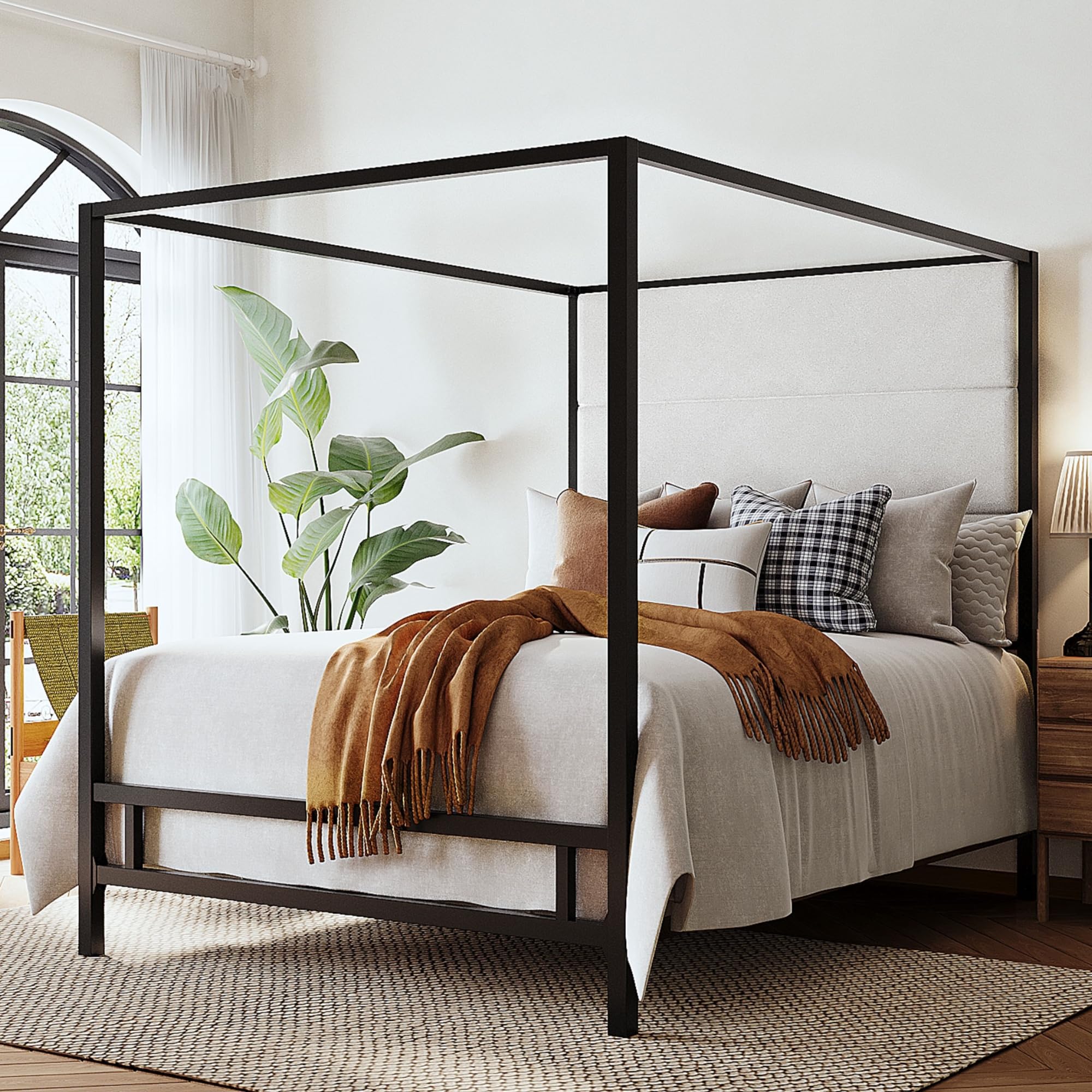 Photo 1 of Merax King Size Metal Canopy Bed Frame, Modern Tall Upholstered Velvet Headboard, Black 4-Poster Bed with 800 lbs Capacity, Box Spring Required Easy Assembly for Bedroom, Black+White
