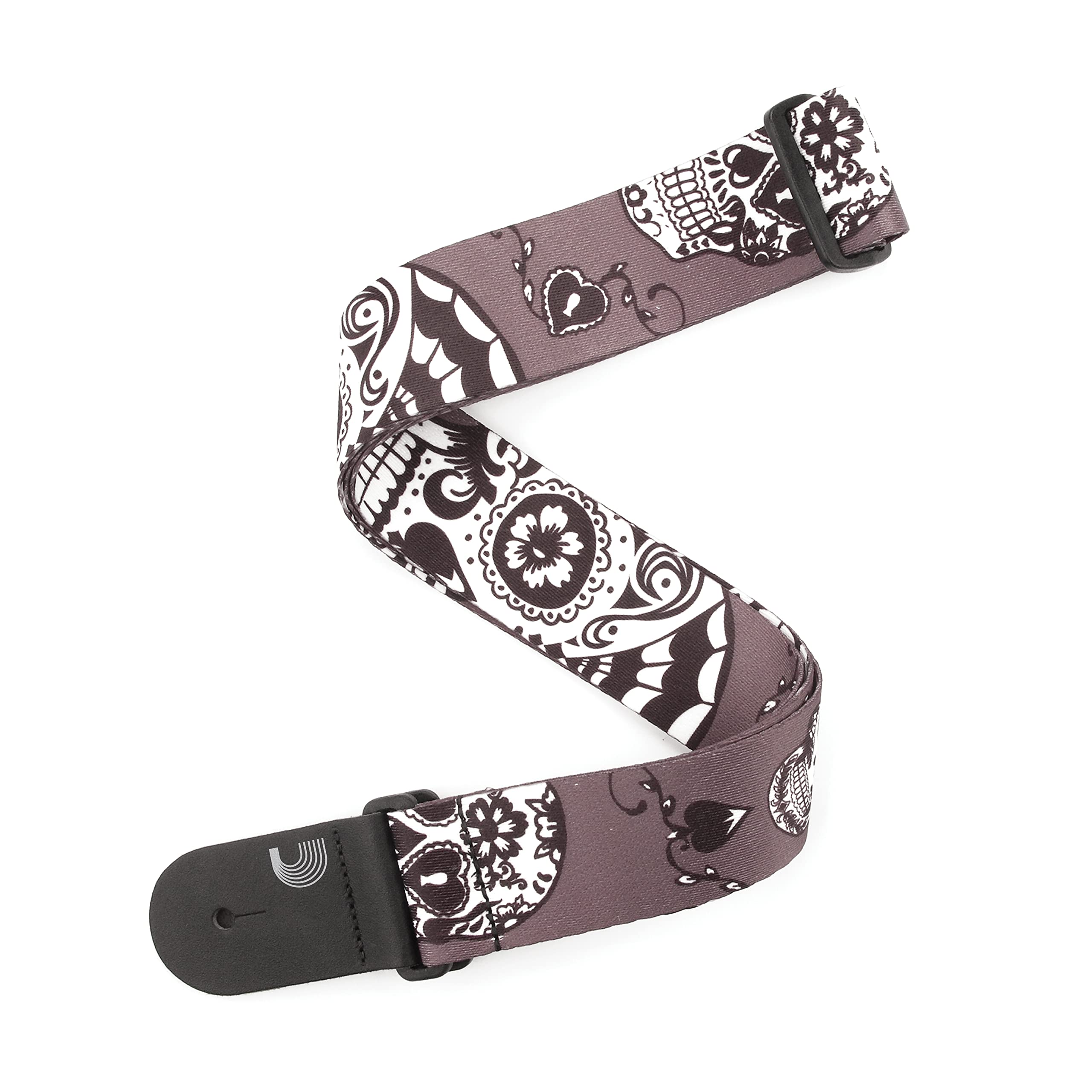 Planet Waves Sugar Skulls Woven Guitar Strap - Black, 2" Wide, Adjustable 39" to 69" - Polyester & Leather - Vintage Style - Unisex - Electric, Acoustic, Bass Guitar & Bass Strap