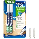 Grout Pen White Tile Grout Paint Marker - 2 Pack w/Extra Tips (7mL) | Waterproof Tile Grout Colorant and Sealer Pens for Cleaner Looking Floors &amp; Whitener without Bleach - Narrow Tip 5mm - White