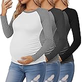 Sweetyweee 3 Pack Women's Maternity Shirts, Pregnancy Raglan Long Sleeve Tops Sides Ruched Crew Neck Color Block Mama Clothes