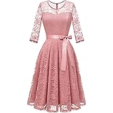 Dressystar Women’s Floral Lace Formal Wedding Guest Dress Elegant Midi Long Sleeves Bridesmaid Dresses with Illusion Neckline Blush Size XXL
