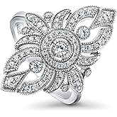BERRICLE Sterling Silver Navette Art Deco Milgrain Statement Cocktail Ring for Women, Cubic Zirconia CZ
