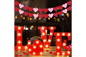 Tifeson Valentines Day Decor - 4 Led Marquee Light Up Letters “Love” Lights + 2 Packs Felt Heart Garland Banners for Home Valentines Table Mantel Wedding Party Decorations (Batteries Not Included)