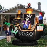 7FT Halloween Inflatable Giant Skeletons Ghosts Pirate Ship Outdoor Decor | Large Inflatable Built-in LEDs Light, Weight Bag, Fan, Stakes Strings, Holiday Outdoor for Yard, Porch, Lawn Party Decor