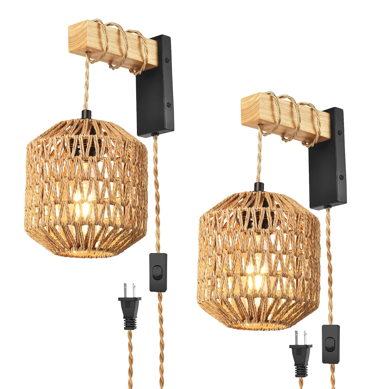 Photo 1 of NOVCAND Rattan Plug in Wall Sconces Set of Two, Hand Woven Boho Wall Lamp Plug in Cord Wall Sconces for Bedroom Living Room Farmhouse