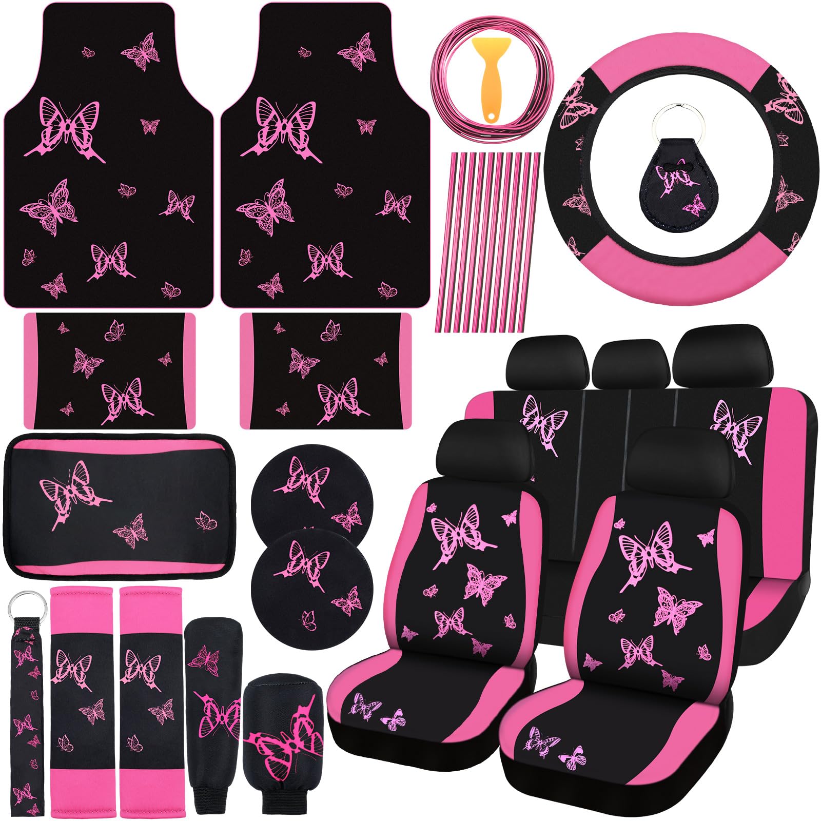Photo 1 of BBTO 47 Pcs Butterfly Car Seat Full Set Butterfly Car Accessories for Women 5 Front Rear Seat Covers Wrist Strap 2 Pieces Cup Mat Armrest Pad 2 Belt Cover Accessories for SUV(Pink Black)