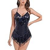 IDOPIP Women Sequin Fringe Bodysuit Sparkly Tassel Leotard Romper Women's Latin Dance Dress Sexy Festival Rave Party Outfits