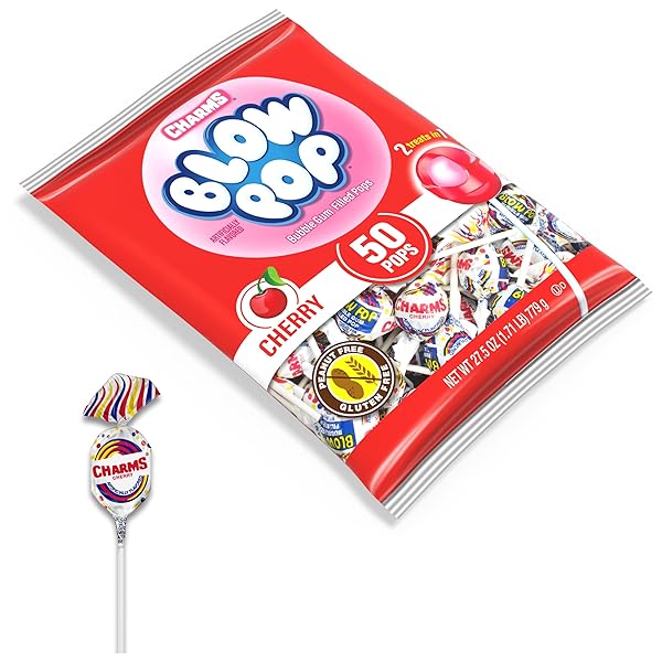 CHARMS BLOW POP SINGLE FLAVOR BAG – CHERRY FLAVORED LOLLIPOPS WITH A BUBBLE GUM CENTER – INDIVIDUALLY WRAPPED HARD CANDY – RED CANDY – PEANUT FREE, GLUTEN FREE, 50 COUNT (PACK OF 1)
