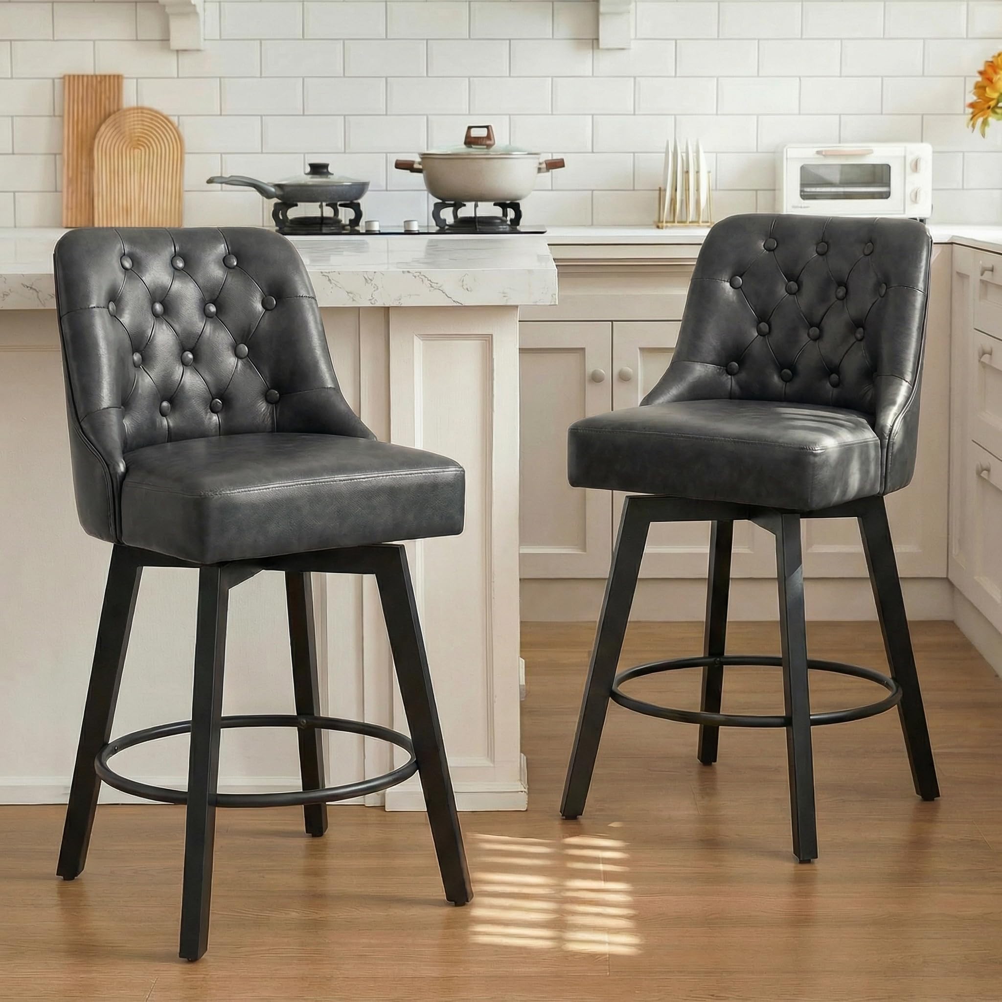 Photo 1 of (used)(missing pieces) KISLOT Counter Height Swivel Barstools with Back,26" H Seat Height Upholstered Bar Stools for Kitchen Island,Set of 2,Grey Leather