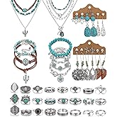IFKM Bohemian Jewelry Set With Turquoise Necklace, Dangle Earrings, Stackable Bangle Bracelets, Knuckle Rings For Women Vintage Western Boho Turquoise Anniversary Birthday Friendship Gift