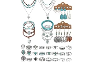 IFKM Bohemian Jewelry Set With Turquoise Necklace, Dangle Earrings, Stackable Bangle Bracelets, Knuckle Rings For Women Vintage Western Boho Turquoise Anniversary Birthday Friendship Gift