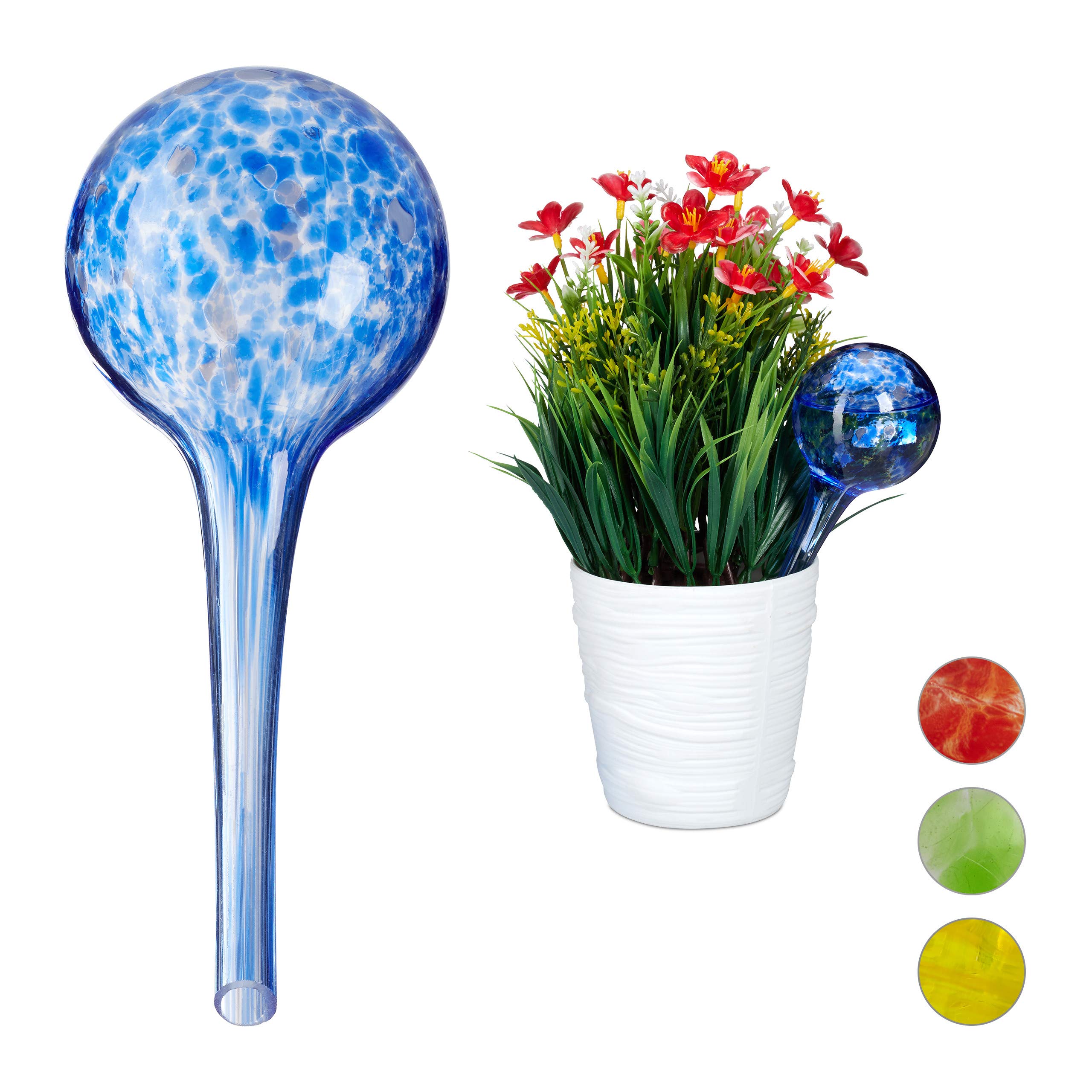 Relaxdays Watering Globes Set of 2, Regulated Irrigation for Plants and Flowers, Office & Holiday Watering Aid, Glass, Blue