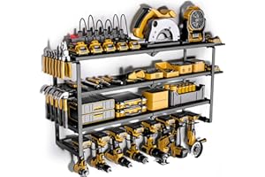 Spampur Power Tool Organizer with Charging Station, 8 Drill Holder Wall Mount, 4 Layer Storage Rack for Garage storage, Heavy Duty Utility Racks, Tool Battery Shelf with 6 Outlet Power Strip