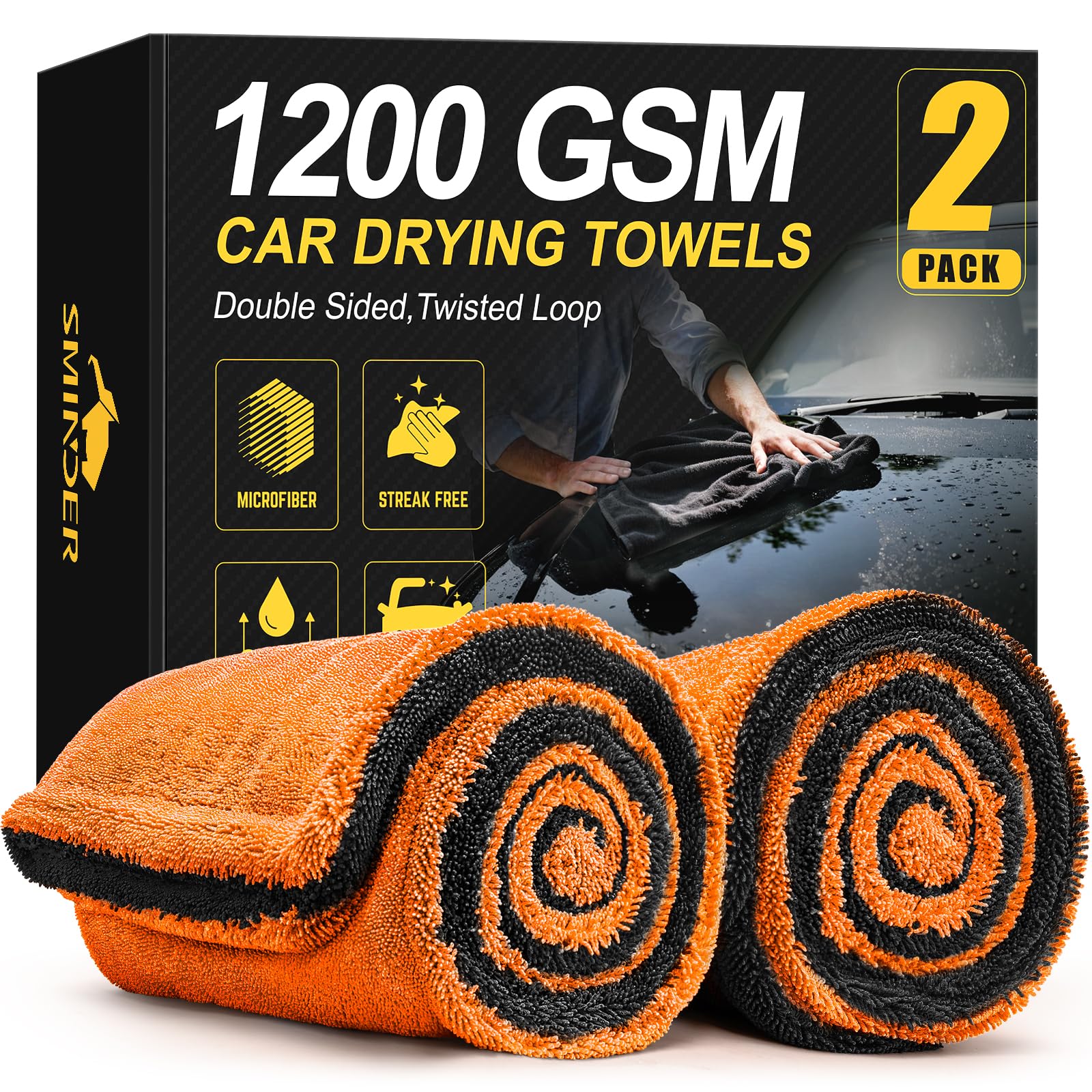 SMINDER 2-Pack 1200 GSM Car Drying Towels – Microfiber Towels for Cars (36" x 24"), Ultra-Absorbent, Streak-Free, Scratch-Free, No Water Spots, Double-Twist Pile & Edgeless Design(Orange) Image