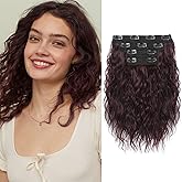 REECHO 4PCS Clip in Hair Extensions - 12" Short Curly Wavy Brown Invisible Lace Weft Natural Soft Hairpieces for Women - Burgundy