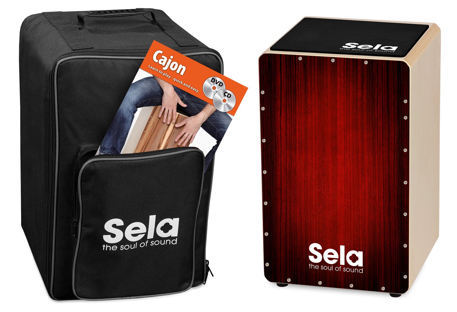Sela SE 128 EN Varios Red Cajon Set with backpack, cajon pad, English cajon method, CD and DVD