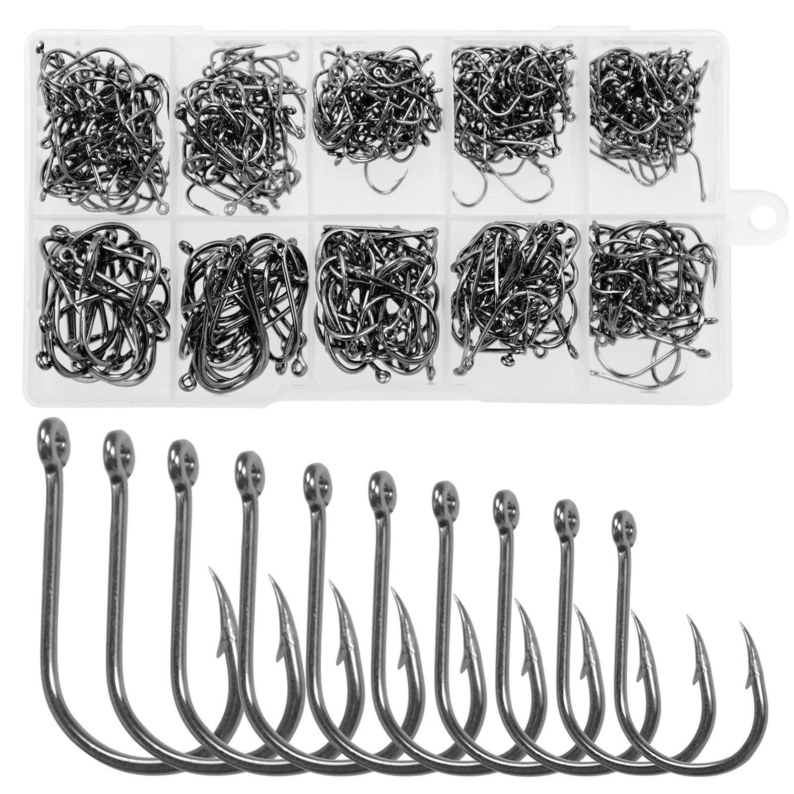 Fishing Hooks with Barbed Hooks Carbon Steel Fishing Hooks 500 Pieces Fishing Hooks in 10 Different Sizes #6 - #15 with Holes and Barbed Fishing Hooks Made of Carbon Steel Plastic Boxes