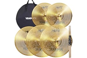 YEASOUL Cymbal Pack,Drum Cymbals Set 14"/14"/16"/18"/20" 5 Pieces Cymbals with Cymbal Bag for Drum Set (5pcs Golden-Low Volume Cymbal Pack with Bag)