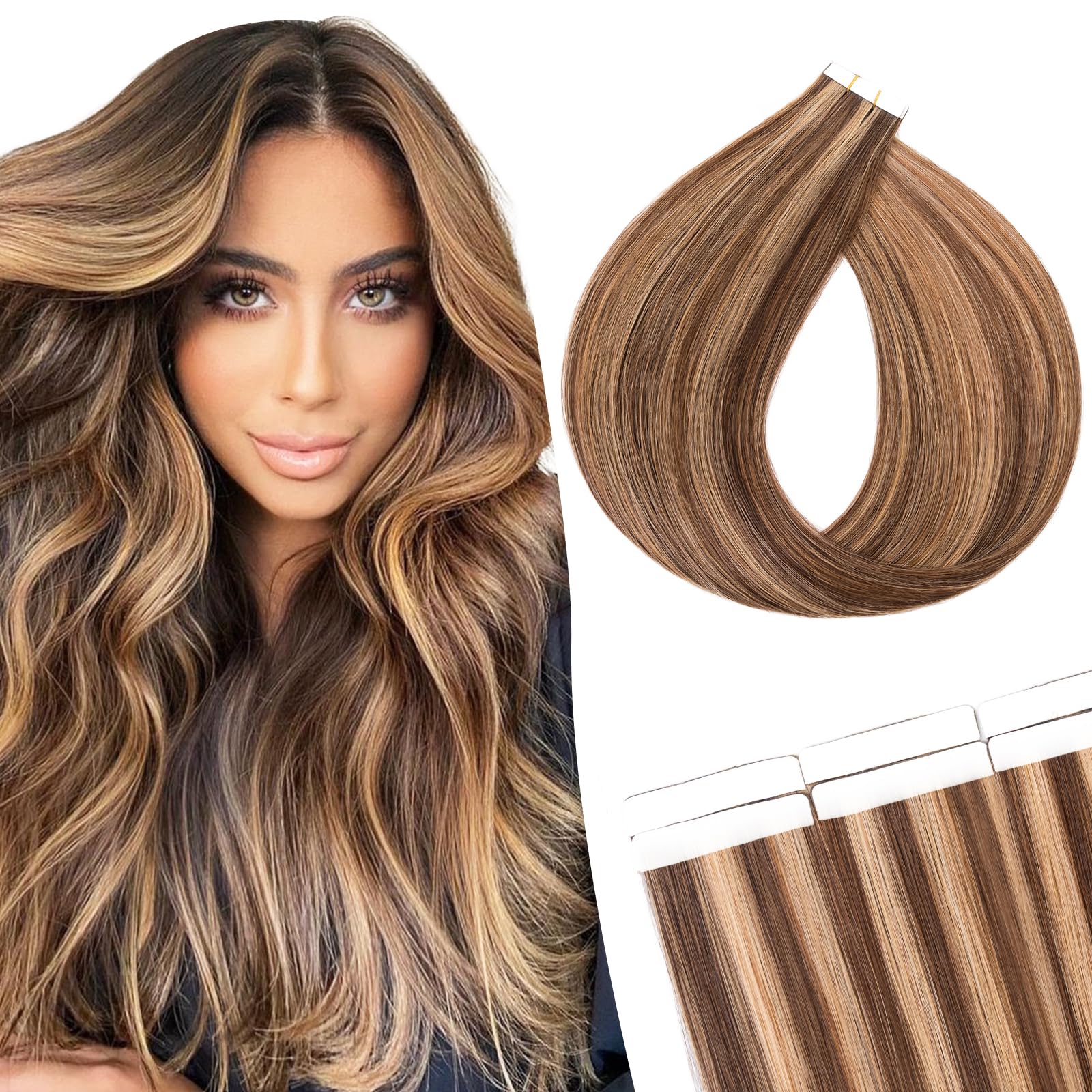 SEGOHAIR 10Pcs Human Hair Tape in Extensions, 16" Thin Human Hair Extensions Tape in Hairpieces with 5pcs Replacement Tape Chocolate Brown with Strawberry Honey Blonde(15g) — image 1