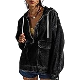Omoone Women's Denim Pullover Jacket Oversized Half Zip Hoodie Jean Top Sweatshirt with Pockets