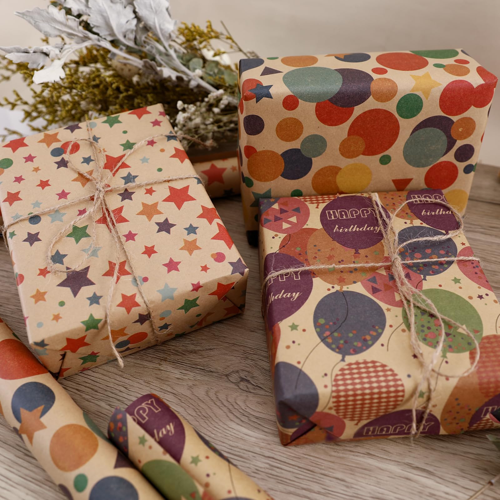 NESCCI Birthday Wrapping Paper,Gift Wrapping Paper Roll,Kraft Wrapping Paper-17 inch X 32.8 Feet Per roll,Colorful Happy Birthday Pattern For Boys Girls, Perfect For Birthdays Party, Baby Shower