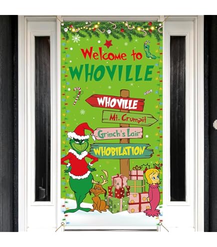 Sunwer Whoville Weihnachtstürabdeckung 'Merry Grinchmas' – 90x180 Cm Party-Deko Für Tür, Winterfest, Polyester