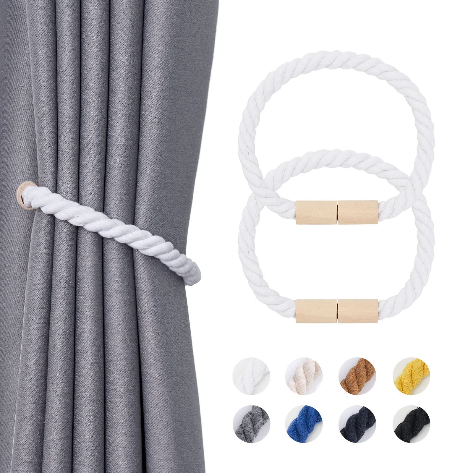 Pretty Jolly 2 Pack Wooden Magnetic Curtain Tiebacks Boho Home Decoration Drape Tie Backs Natural Cotton Handmade Rope Curtain Holdbacks for Thin or Thick Home & Office Window Drapery (White)