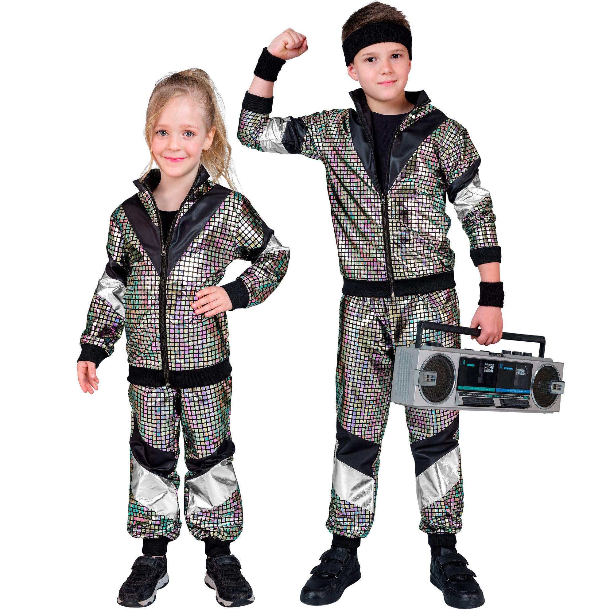 W WIDMANN MILANO Party Fashion - 80s Style Reflective Jumpsuit Unisex Children, Carnival, Theme Parties, Size 164 cm / 14-16 Years, Silver Color