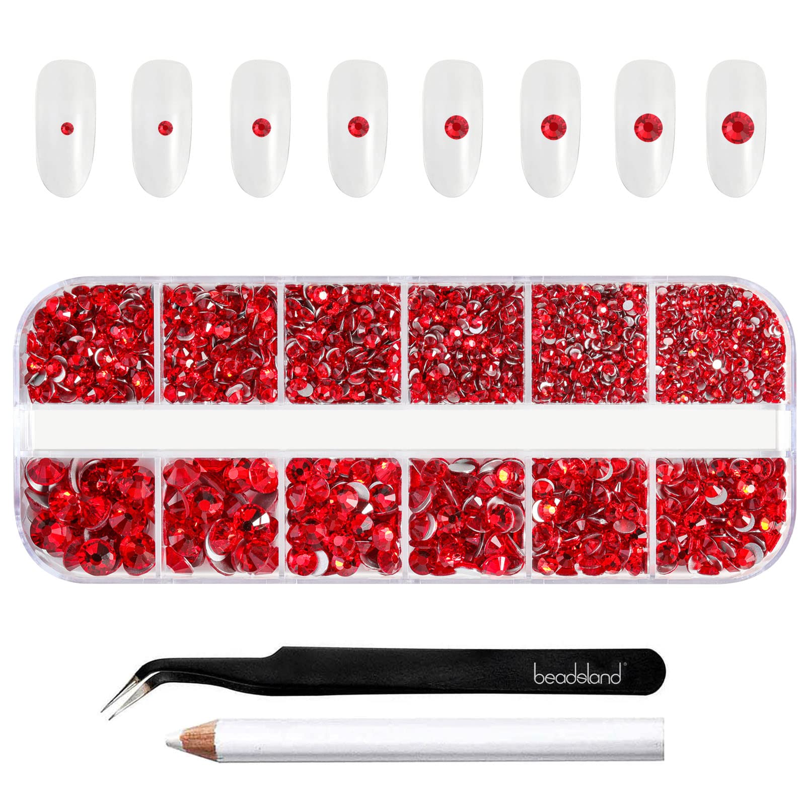 Beadsland Rhinestones for Makeup,8 Sizes 2500pcs Light Red Flatback Rhinestones Face Gems for Nails Crafts with Tweezers and Wax Pencil,Light Siam,SS4-SS30 — image 1