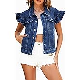 Ladyful Womens Denim Vest Top Ruffle Cap Sleeve Jean Vest Button Down Sleeveless Denim Jacket