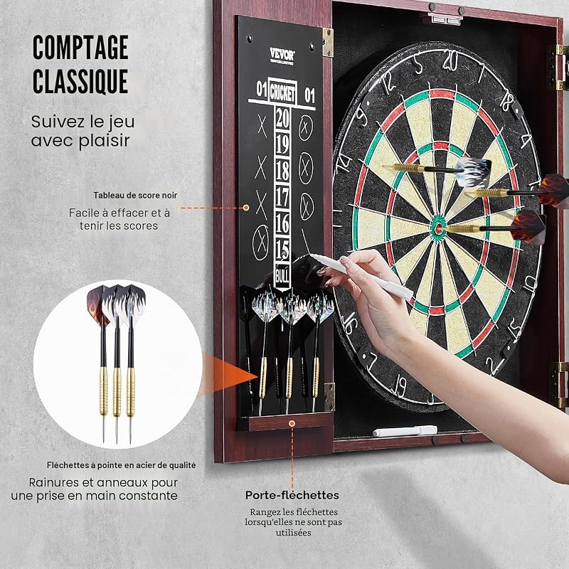 Cible de Fléchettes et Armoire Prêt à Jouer, Armoire à Fléchettes de Taille Officielle, Jeu de Fléchettes à Pointe en Acier, Assemblage Facile, Accessoires Complets, pour Jeux de Cricket