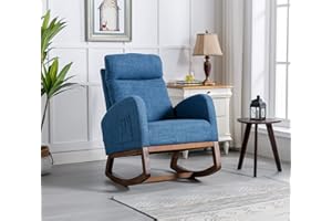 Antetek Modern Accent Rocking Chair, Upholstered Nursery Glider Rocker for Baby, Comfy Armchair with Side Pocket, Living Room Lounge Arm Chair, High Backrest with Headrest Shape Design (Deep Blue)