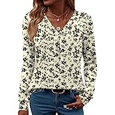 LUYYA Women's Long Sleeve Pleated V Neck Blouse Business Casual Tunic Top Loose Fit Work Shirt