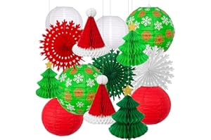 MEIDUO 14PCS Christmas Honeycomb Hanging Paper Lantern Decorations Set, Pine Tree Star Christmas Hat Red Green White Snowflake Lanterns Paper Fans for Christmas Party Home Decoration Supplies