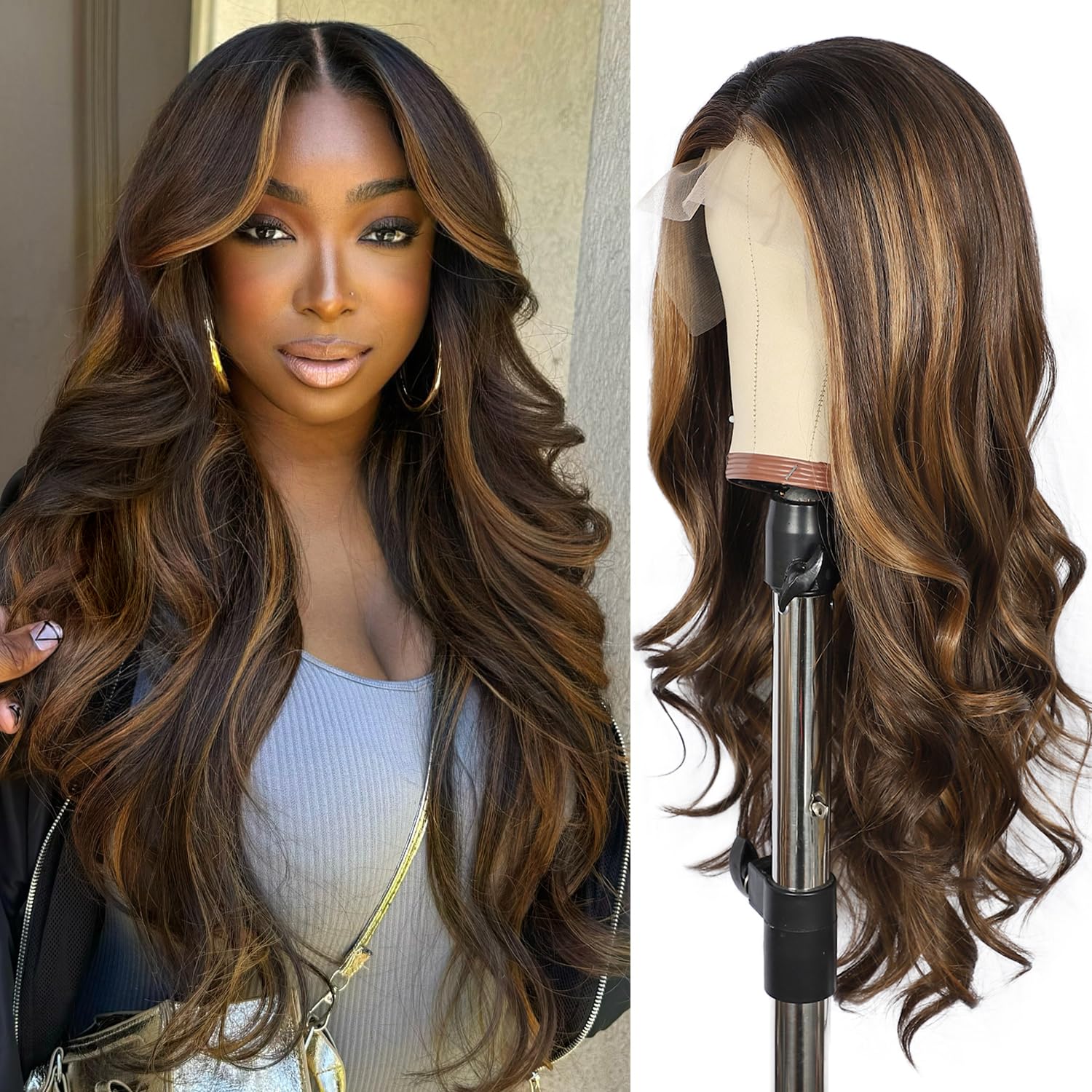 SOMIARIK Dark Brown Wavy Wig for Women, 13x4 Short Lace Front Synthetic Transparent Brown Wigs, Middle Part Natural Looking Heat Resistant Fiber 22 Inch — image 1