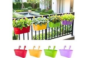 LaLaGreen Rail Planter (11.8 Inch, 4 Pack) Colorful Outdoor Hanging Flower Metal Planters Railing Fence Balcony Gardening for