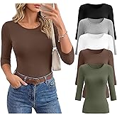 Huukeay 5 Pack Women's Elbow Sleeve Tops 3/4 Sleeve Round Neck T-Shirt Slim Fit Casual Stretchy Tunic Basic Tees Bulk