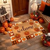 Klyyo Clyro 2 Pcs Fall Halloween Door Mat Outdoor Welcome Pumpkin Rug | Layered Orange Checkered Maple Leaf Rug Non Slip Rubber Backing Mat for Autumn Halloween Decoration Front Porch Bathroom