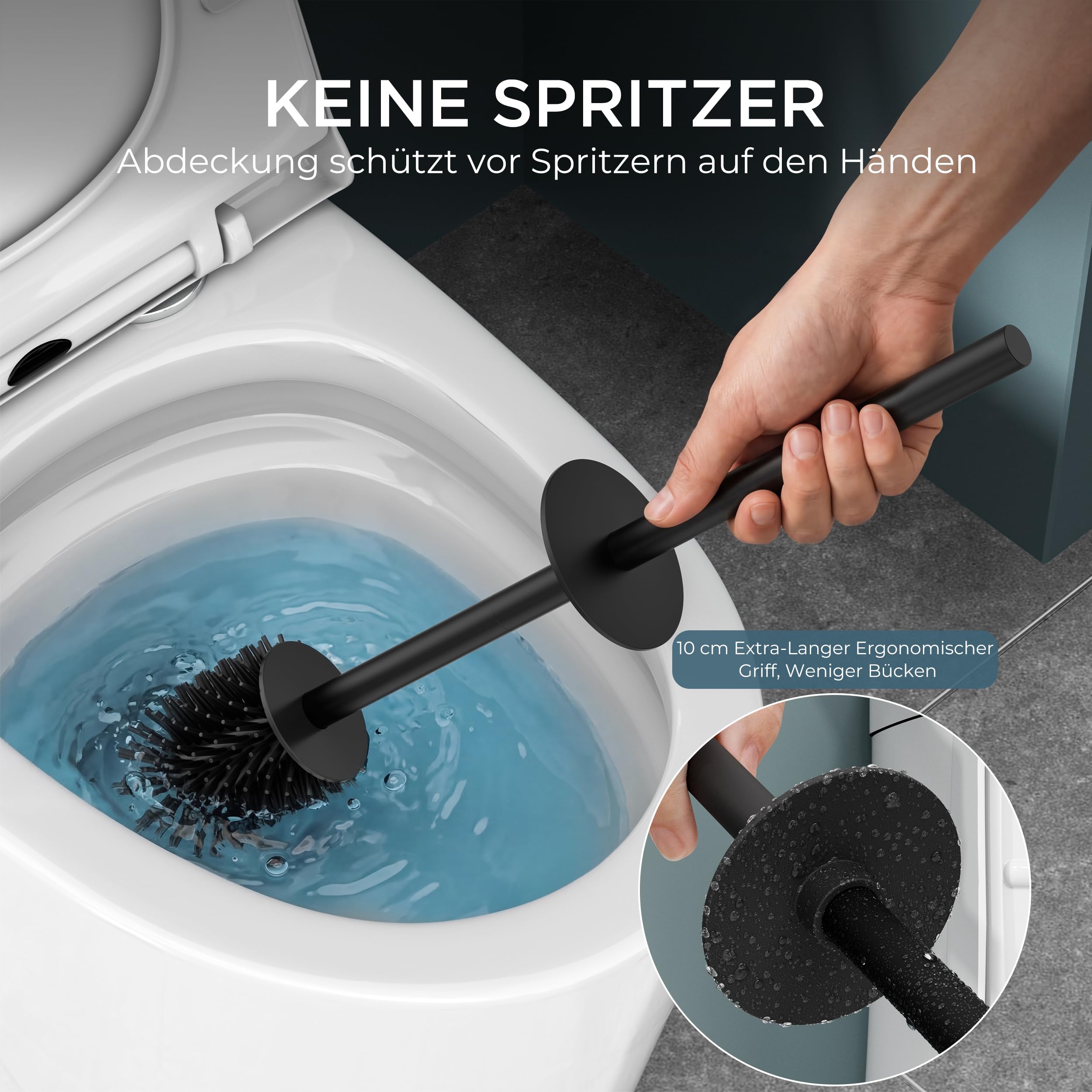 FORIOUS Silikon Toilettenbürste aus Edelstahl, 50 cm Extra Langer Griff, Anti-Spritz Design, Inkl. Ersatzkopf & Abnehmbarem Innenbecher – Saubere, Hygienische WC Bürste/Klobürste Schwarz für Bad 2