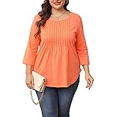KLPOHV Womens Plus Size 3/4 Length Sleeve Tops Crewneck Pleated Loose Fit Casual Tunic Top Swing Shirts Blouses 1X-5X