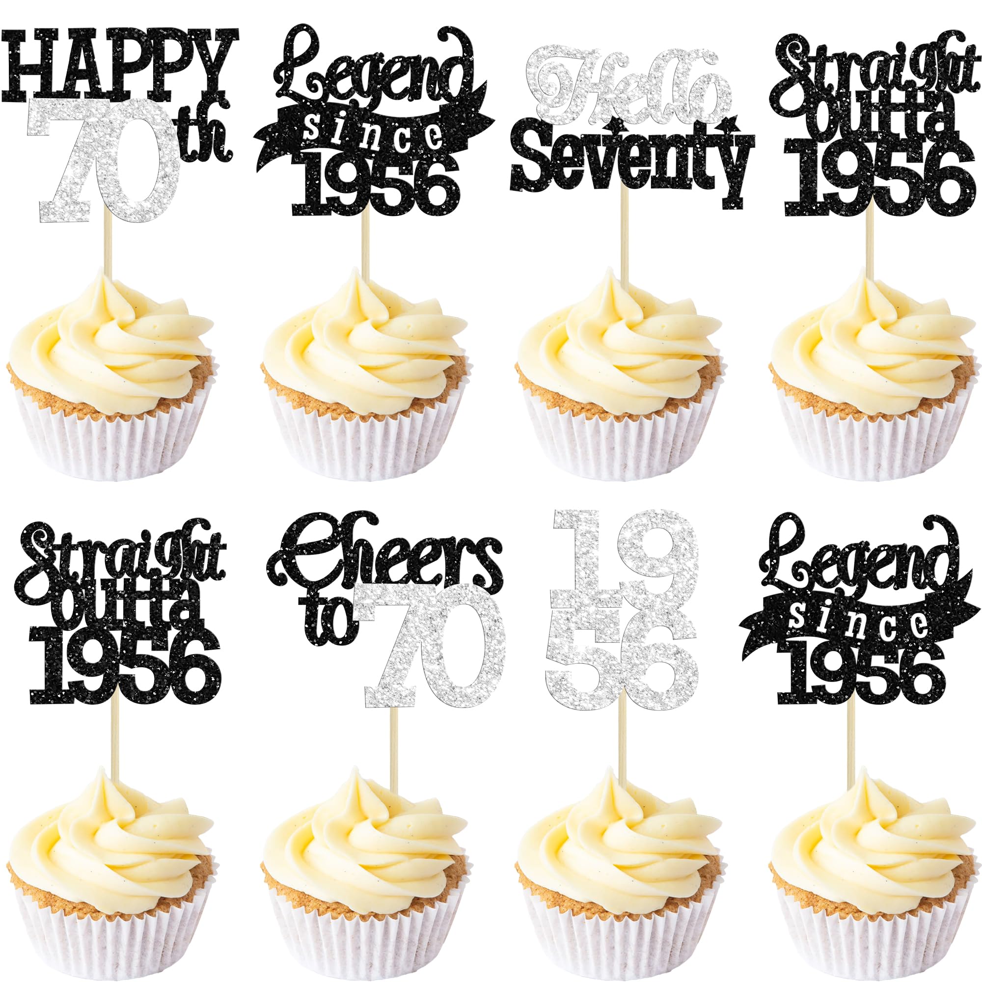 Gyufise 24Pcs Happy 70th Birthday Cupcake Toppers Hello Seventy Legend Since 1956 Cupcake Picks Cheers to 70 Years Cake Decorations for 70th Birthday Anniversary Party Supplies Black Silver