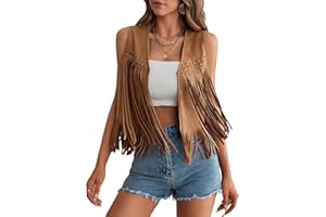 GORGLITTER Women's Tassel Fringe Sleeveless Vest Fringe Suede 70s Hippie Jacket Outfits