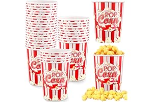 Kisston 30 Pack Popcorn Buckets Disposable White and Red Striped Paper Popcorn Containers Large Popcorn Boxes Greaseproof Popcorn Holders Reusable Popcorn Tubs for Movie Night Party Theater (32oz)