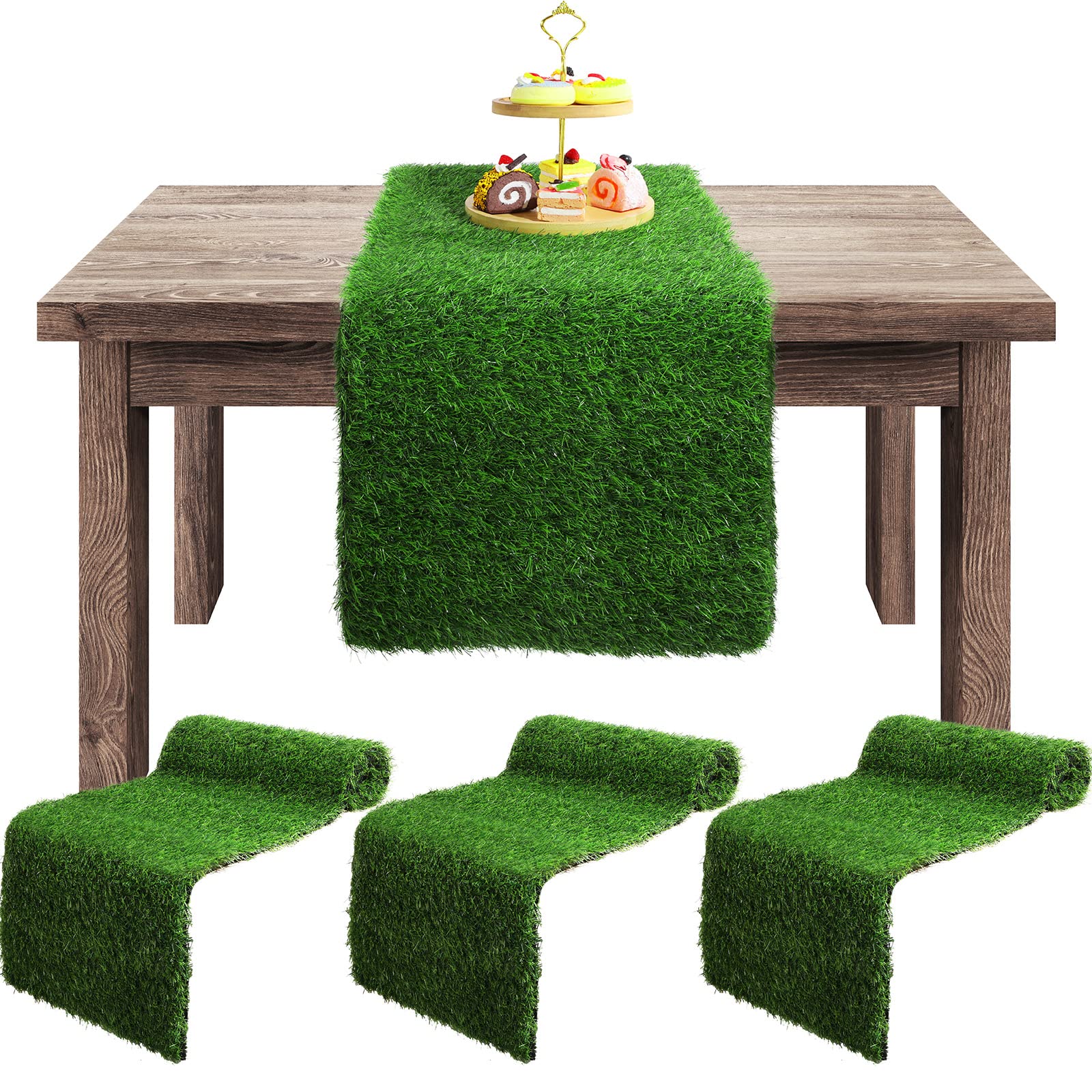 Photo 1 of 3 Pieces Artificial Grass Table Runners Green Turf Table Runner Decor for Spring Summer Event, Golf Party, Wedding, Baby Shower, Birthday, Dessert Tabletop Decoration (3, 14 x 72 Inch)